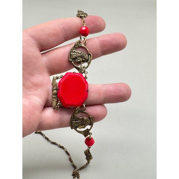 Vintage Sadie Green Antique Style Victorian Pendant Necklace with Red Glass - Picture 11 of 11